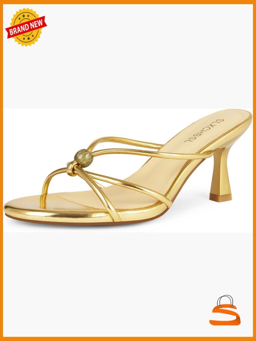 Gold Beaded Strappy Kitten Heels Sandals Slide Low Heel 2.75 inch